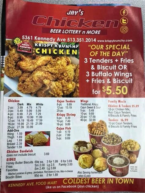 Jays chicken - 10:30 AM - 6:30 PM. Fri & Sat: 10:30 AM - 7:30 PM. Sun: Closed. Online ordering menu for Big Jay's. At Big Jay's we do it BIG with the best Fish, Chicken, and Shrimp in St. Louis! Everything we offer on our menu is always made fresh everyday using the best and highest quality ingredients. We offer amazing Wings, Chicken …